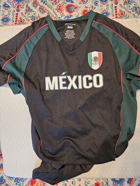 Icon Sports Mexico Crest Graphic Soccer Poly Shirt Men's Size L Blk Green Euc